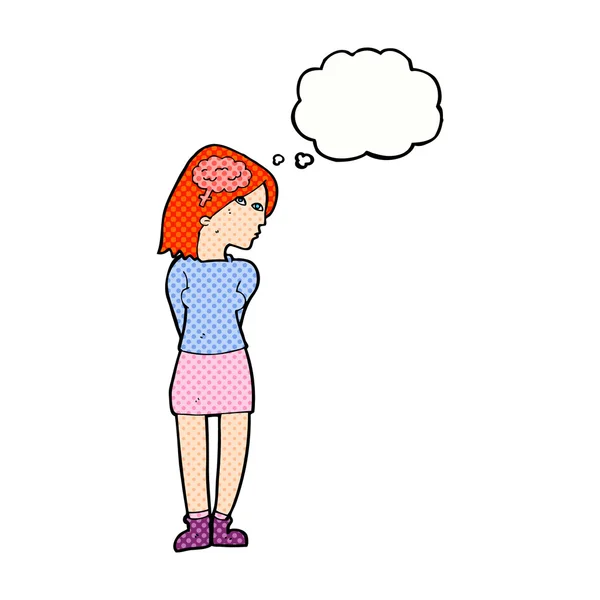 Cartoon Brainy Frau mit Gedankenblase — Stockvektor