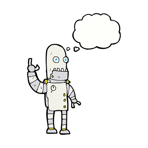 Robot de dibujos animados ondeando con burbuja de pensamiento — Vector de stock