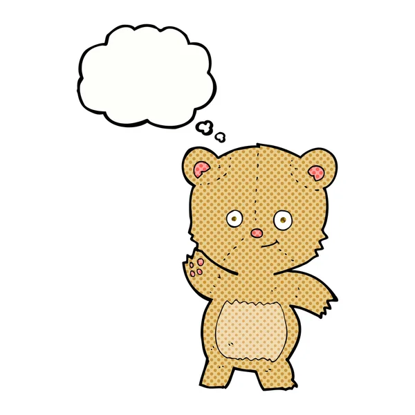 Cartoon waving teddy bear with thought bubble — Stock Vector