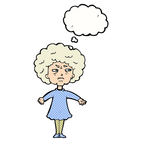 Cartoon bitter old woman with thought bubble — Stock Vector