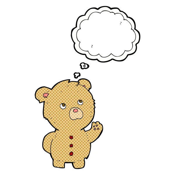 Dibujos animados ondeando oso de peluche con burbuja de pensamiento — Archivo Imágenes Vectoriales