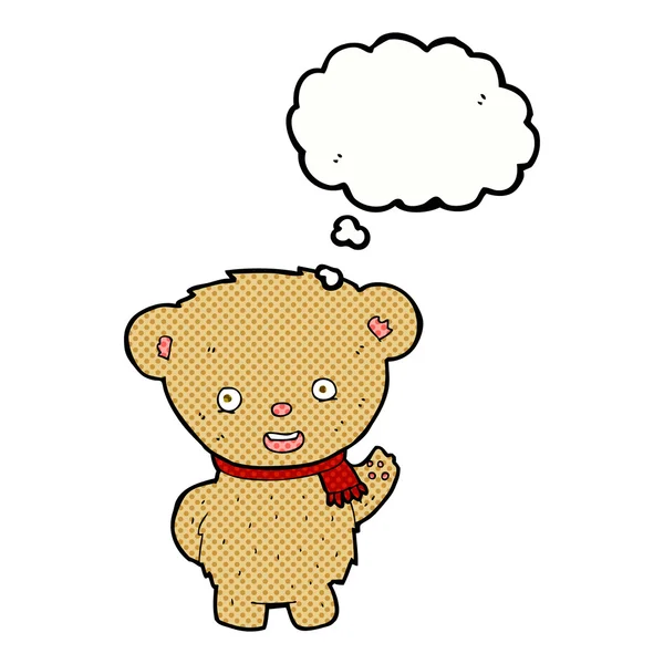 Oso de peluche de dibujos animados ondeando con burbuja de pensamiento — Vector de stock