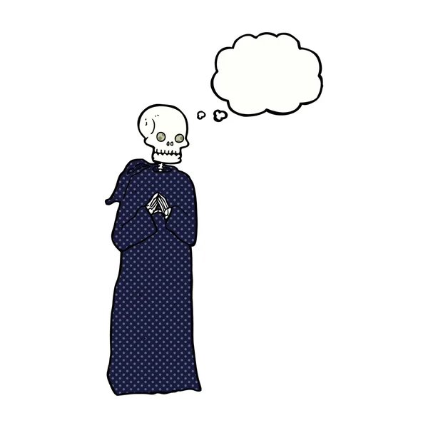 Мультфильм скелет в черном халате с мыслепузырем — стоковый вектор