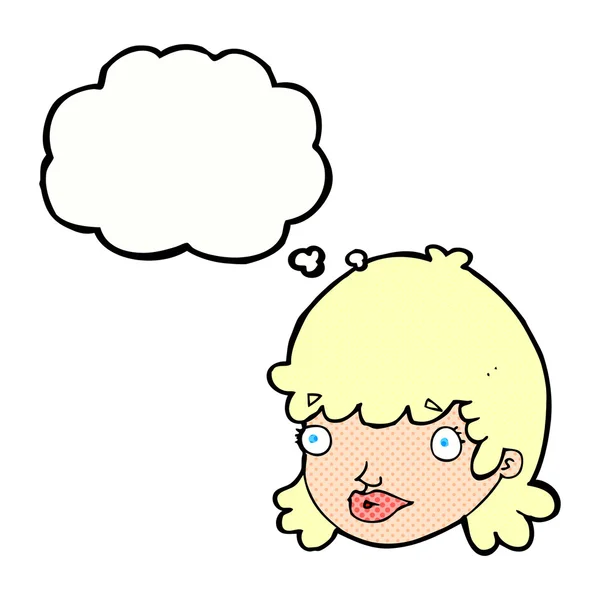 Karikatura ženský obličej s překvapený výraz s myšlenkou bubbl — Stockový vektor