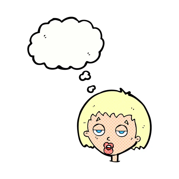 Mujer aburrida de dibujos animados con burbuja de pensamiento — Vector de stock
