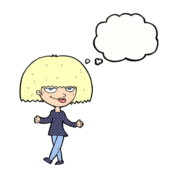 Dibujos animados mujer de aspecto petulante con burbuja de pensamiento — Vector de stock