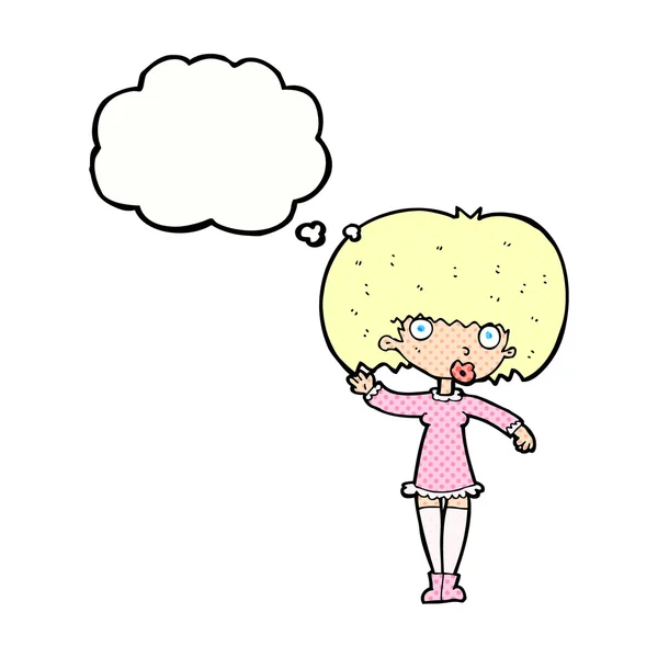 Desenho animado acenando menina com bolha de pensamento — Vetor de Stock