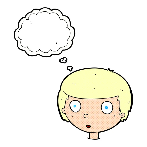 Desenho animado menino curioso com bolha de pensamento — Vetor de Stock