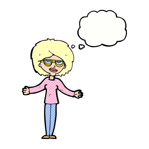 Cartoon-Frau trägt Brille mit Gedankenblase — Stockvektor
