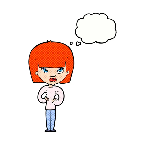 Cartoon woman gesturing at herself with thought bubble — Stock Vector