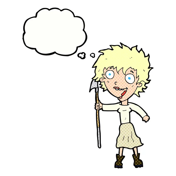 Dibujos animados mujer loca con lanza con burbuja de pensamiento vector