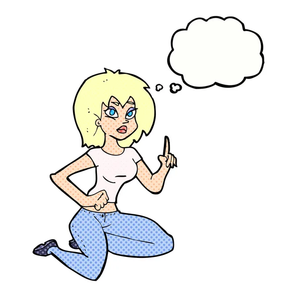 Cartoon sitzende Frau mit Idee mit Gedankenblase — Stockvektor