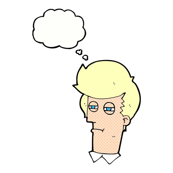 Hombre de dibujos animados con los ojos estrechos con burbuja de pensamiento — Vector de stock
