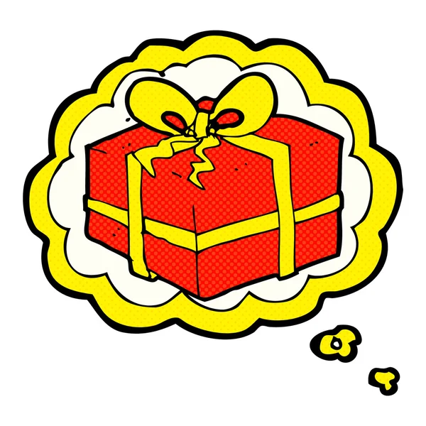 Dessin animé cadeau de Noël avec bulle de pensée — Image vectorielle