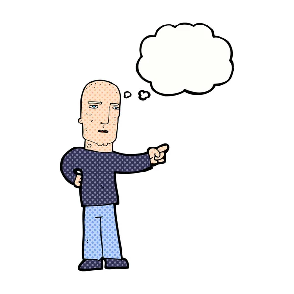Dessin animé dur gars pointant avec bulle de pensée — Image vectorielle