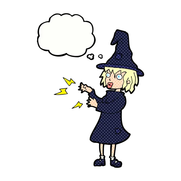 Cartoon witch casting spell with thought bubble — Stock Vector
