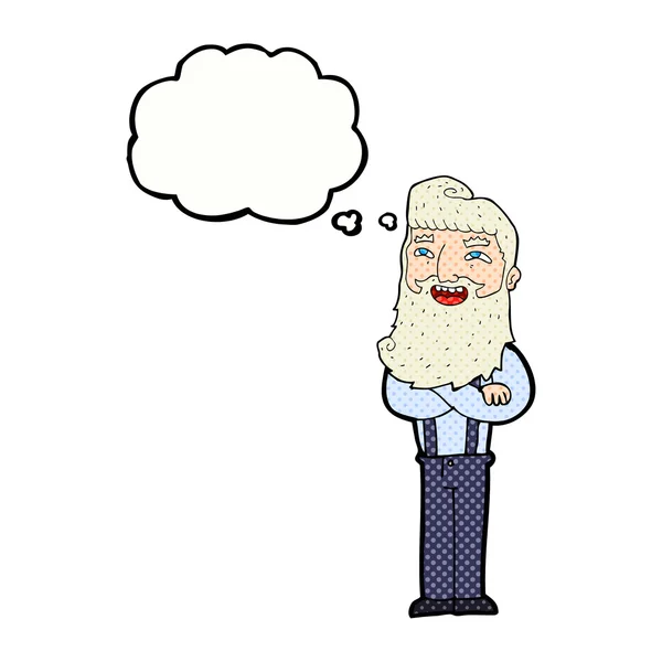 Dibujos animados hombre feliz con barba con burbuja de pensamiento — Vector de stock