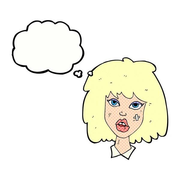 Kreslená žena s pohmožděným obličejem s myšlenkovou bublinou — Stockový vektor