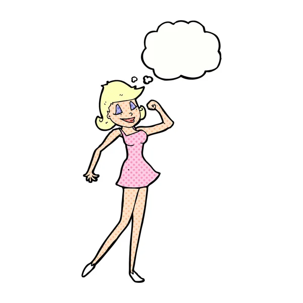 Mujer de dibujos animados con puede hacer actitud con burbuja de pensamiento — Vector de stock
