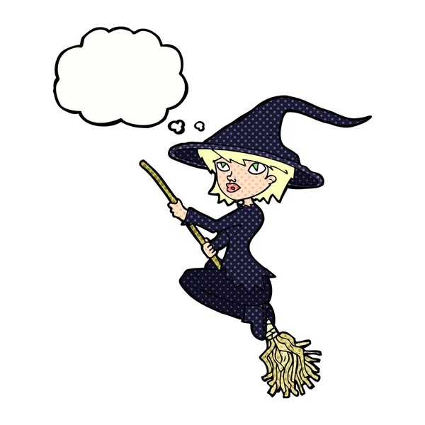 Cartoon witch riding broomstick with thought bubble — Stock Vector