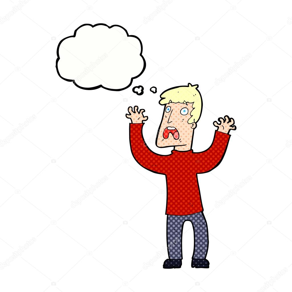 cartoon frightened man with thought bubble