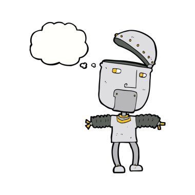 Düşünce baloncuğu ile açık kafalı komik çizgi film robotu