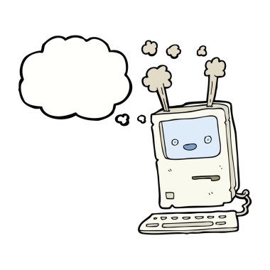 Düşünce baloncuklu eski bilgisayar