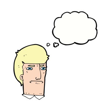 Çizgi filmci, düşünce baloncuğuyla gözlerini kısarak bakıyor.