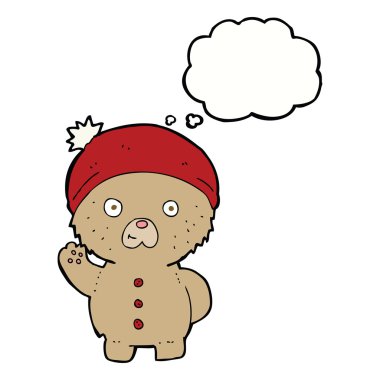 Düşünce balonlu kış şapkalı oyuncak ayıyı sallayan çizgi film.