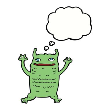 Düşünce baloncuklu küçük canavar.