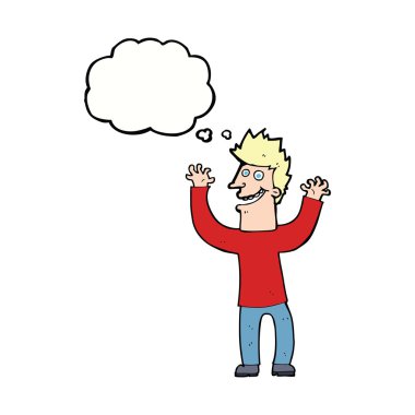 Düşünce baloncuğu olan heyecanlı bir adam.