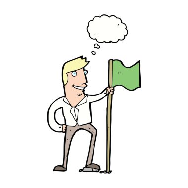 Düşünce baloncuğu ile bayrak diken çizgi film adamı