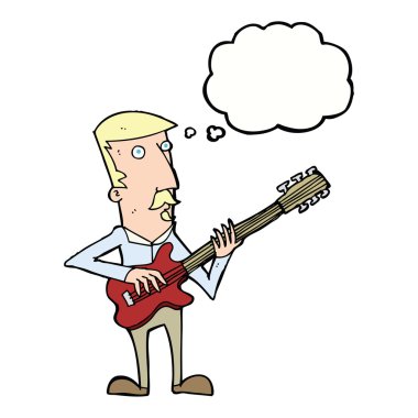 Düşünce baloncuğuyla elektro gitar çalan çizgi film adamı.