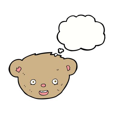 Düşünce baloncuklu oyuncak ayı yüzlü çizgi film.