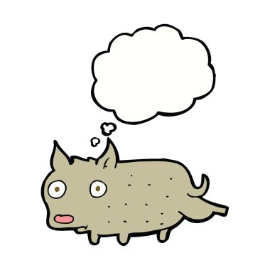 Düşünce baloncuğuyla bacağını sallayan küçük bir köpek.