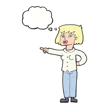 Çizgi film kadını düşünce balonunu işaret ediyor.