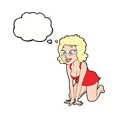 Düşünce baloncuklu komik seksi kadın.