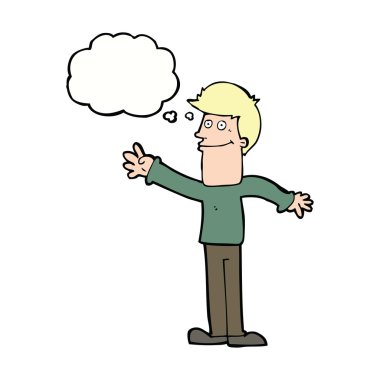 çizgi film mutlu adam düşünce baloncuğuyla el sallıyor