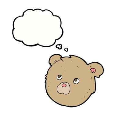 Düşünce baloncuklu oyuncak ayı yüzlü çizgi film.