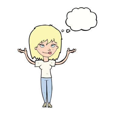Çizgi filmdeki kadın düşünce balonuyla omuz silkiyor.