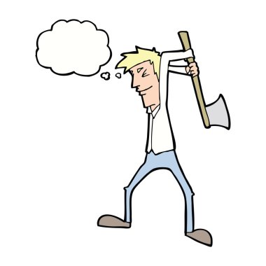 Düşünce baloncuğuyla balta sallayan çizgi film adamı.