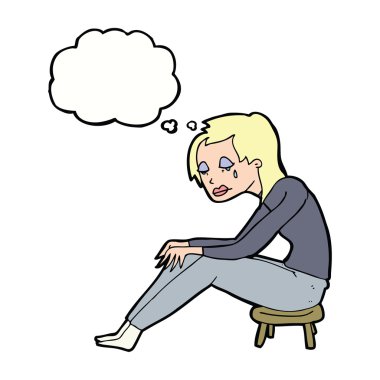 Düşünce baloncuğu olan ağlayan kadın.