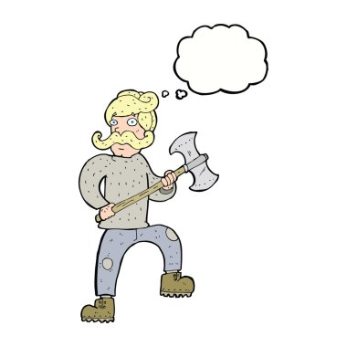 Düşünce balonlu baltalı çizgi film adamı.