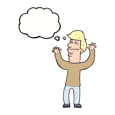 Düşünce baloncuklu sinirli bir adam.