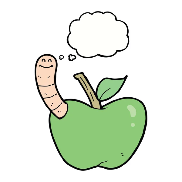 Cartoon appel met worm met gedachte zeepbel — Stockvector