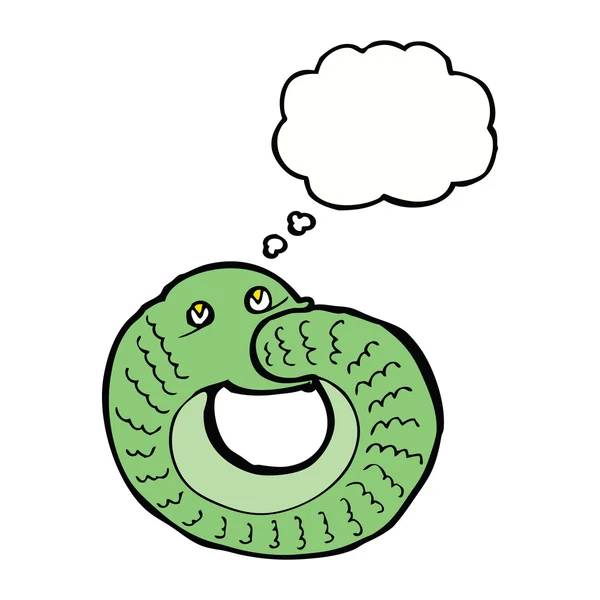 Serpiente de dibujos animados comiendo propia cola con burbuja de pensamiento — Vector de stock