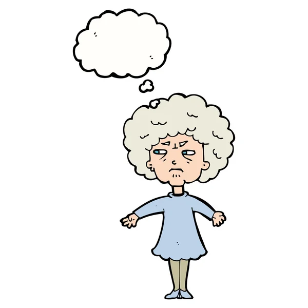 Dibujos animados amarga anciana con burbuja de pensamiento — Archivo Imágenes Vectoriales