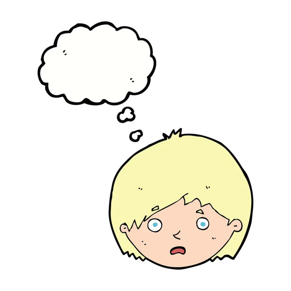 Desenho animado menino infeliz com bolha de pensamento — Vetor de Stock