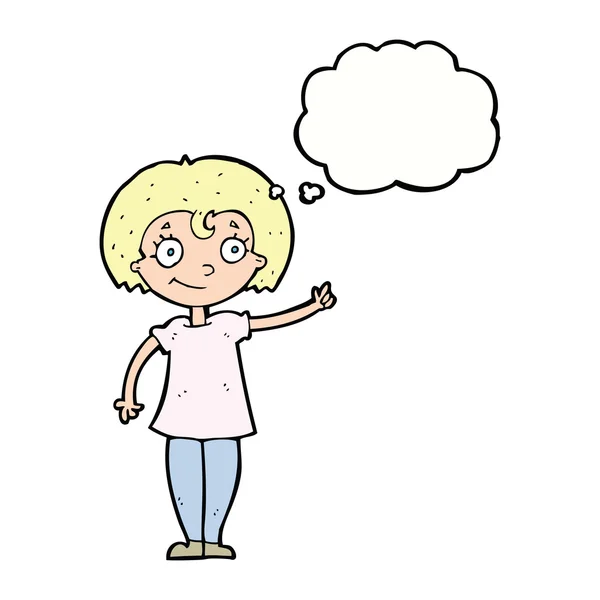 Desenho animado mulher feliz apontando com bolha de pensamento —  Vetores de Stock