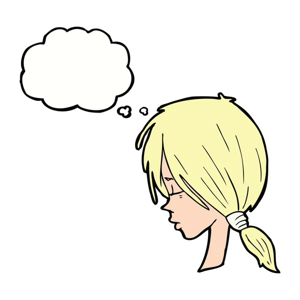 漫画の女の子は思考バブルで思慮深く見て — ストックベクタ